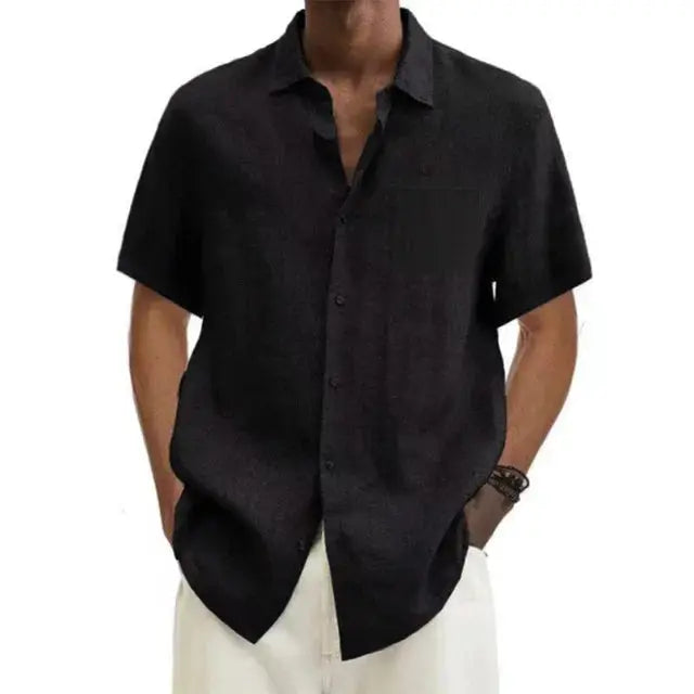 Summer men's linen short sleeve shirt, classic collar, casual everyday wear, relaxed fit for comfort.