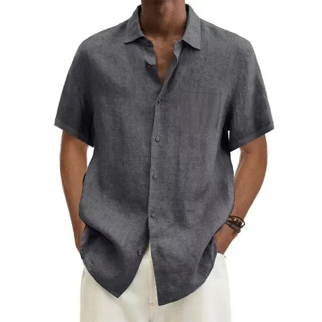 Relaxed fit men's linen short sleeve shirt, classic collar, button-up design for summer casual style.