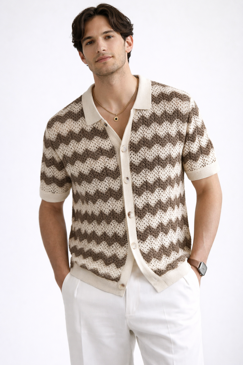 Men's short sleeve polo shirt with a stylish zigzag pattern and button front. Casual summer wear.
