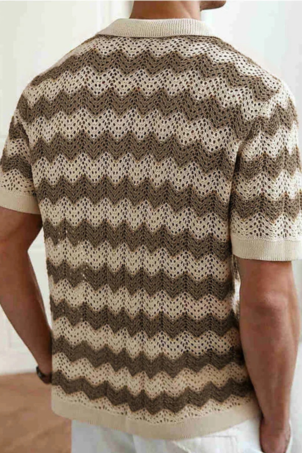 Comfortable men's zigzag patterned polo shirt, short sleeve with button front. Unique casual summer style.