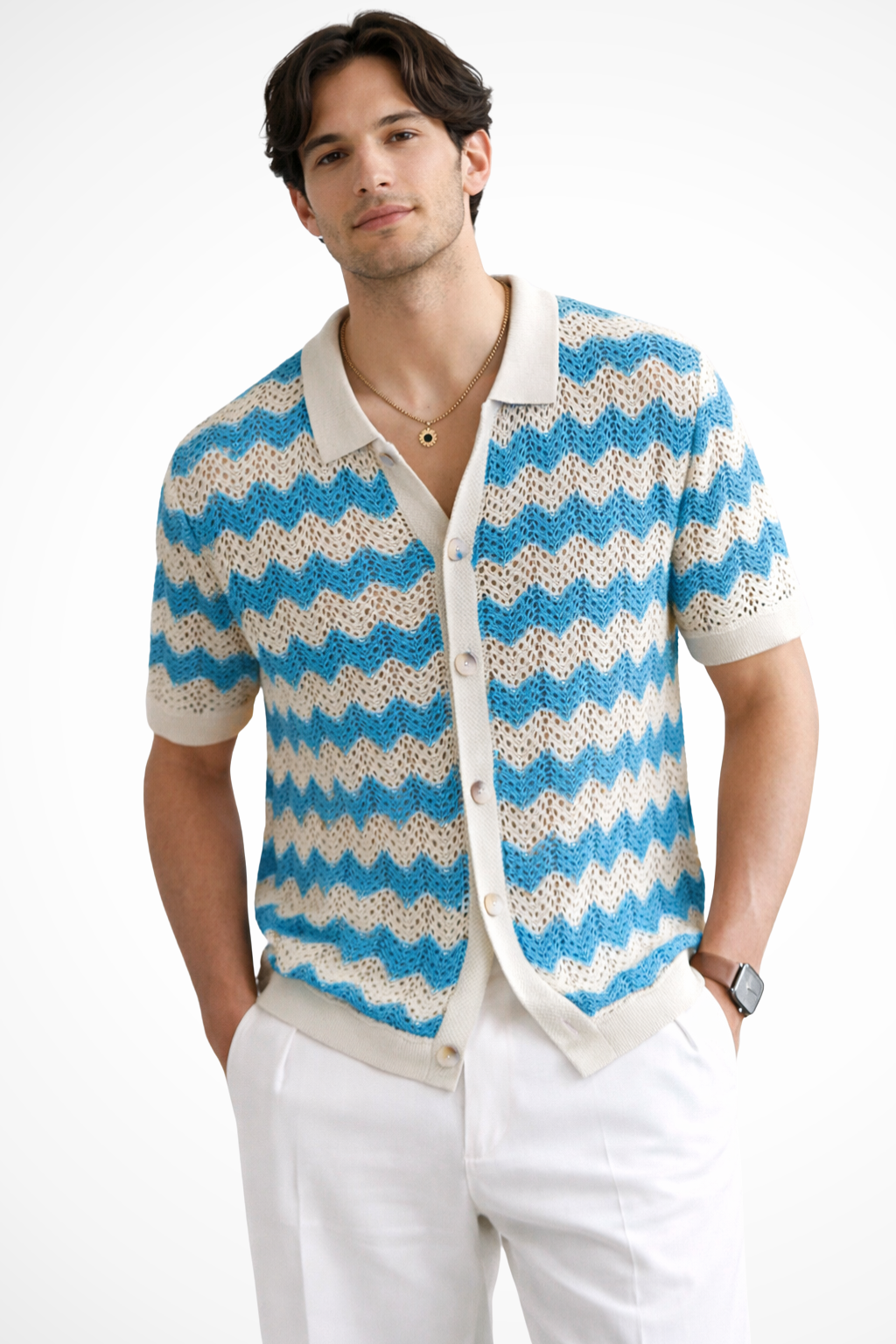 Button-front men's polo shirt, short sleeve, with a vibrant zigzag pattern. Ideal for casual summer outings.