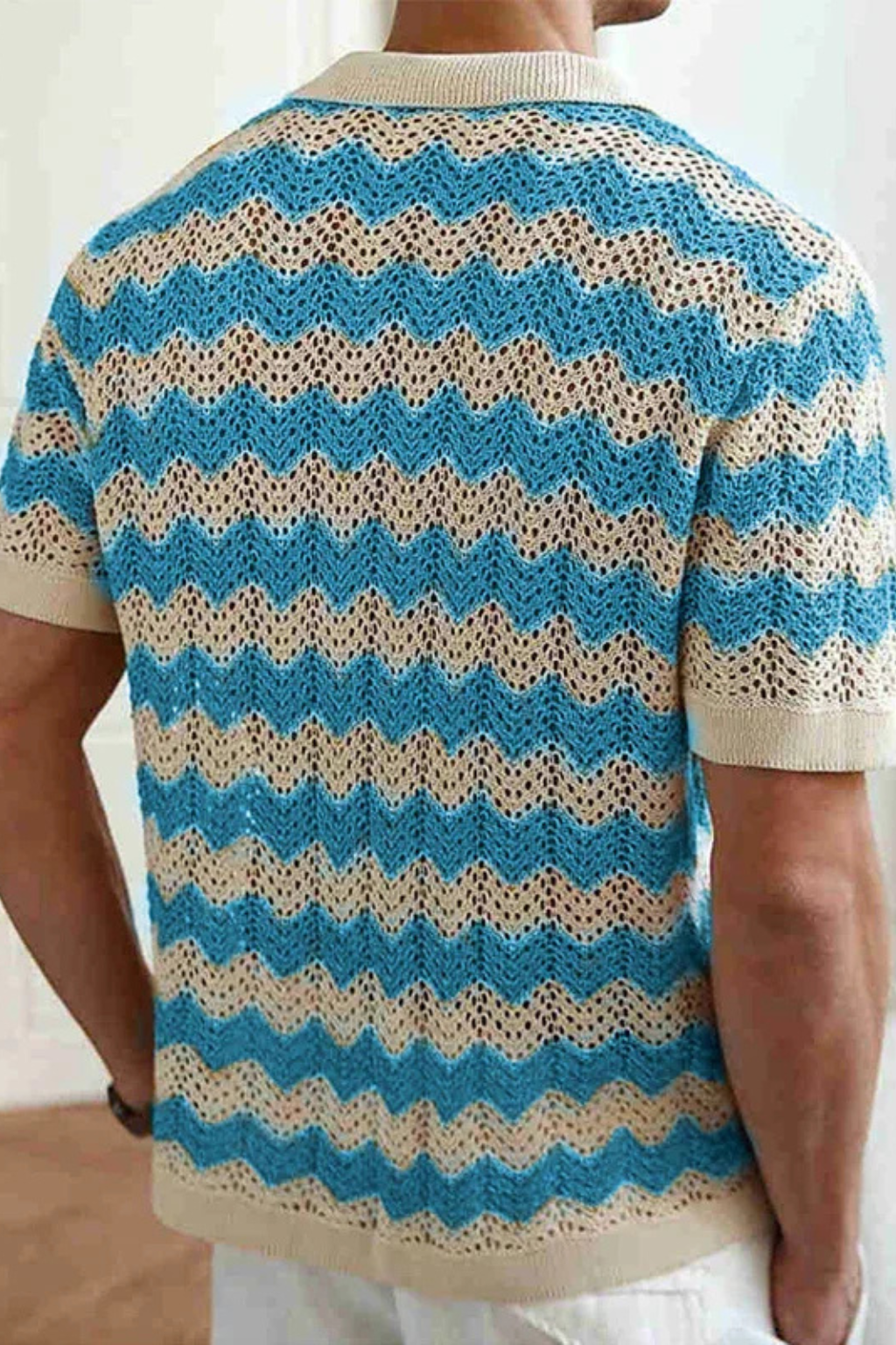 Distinctive zigzag pattern men's polo shirt, short sleeve and button-up. Comfortable and stylish summer top.