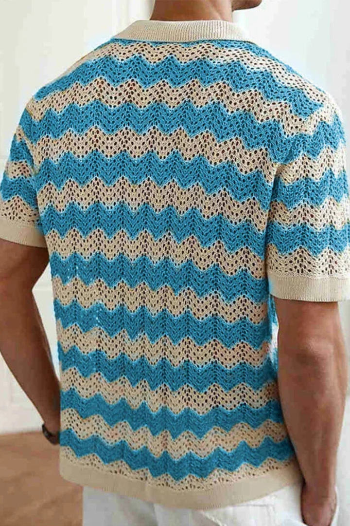 Distinctive zigzag pattern men's polo shirt, short sleeve and button-up. Comfortable and stylish summer top.