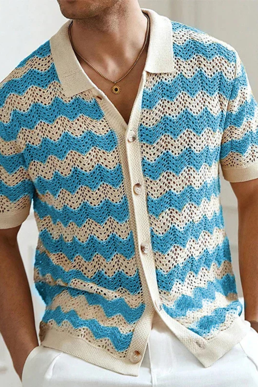 Men's short sleeve polo shirt, button front, showcasing a modern zigzag pattern. Casual and unique for summer.