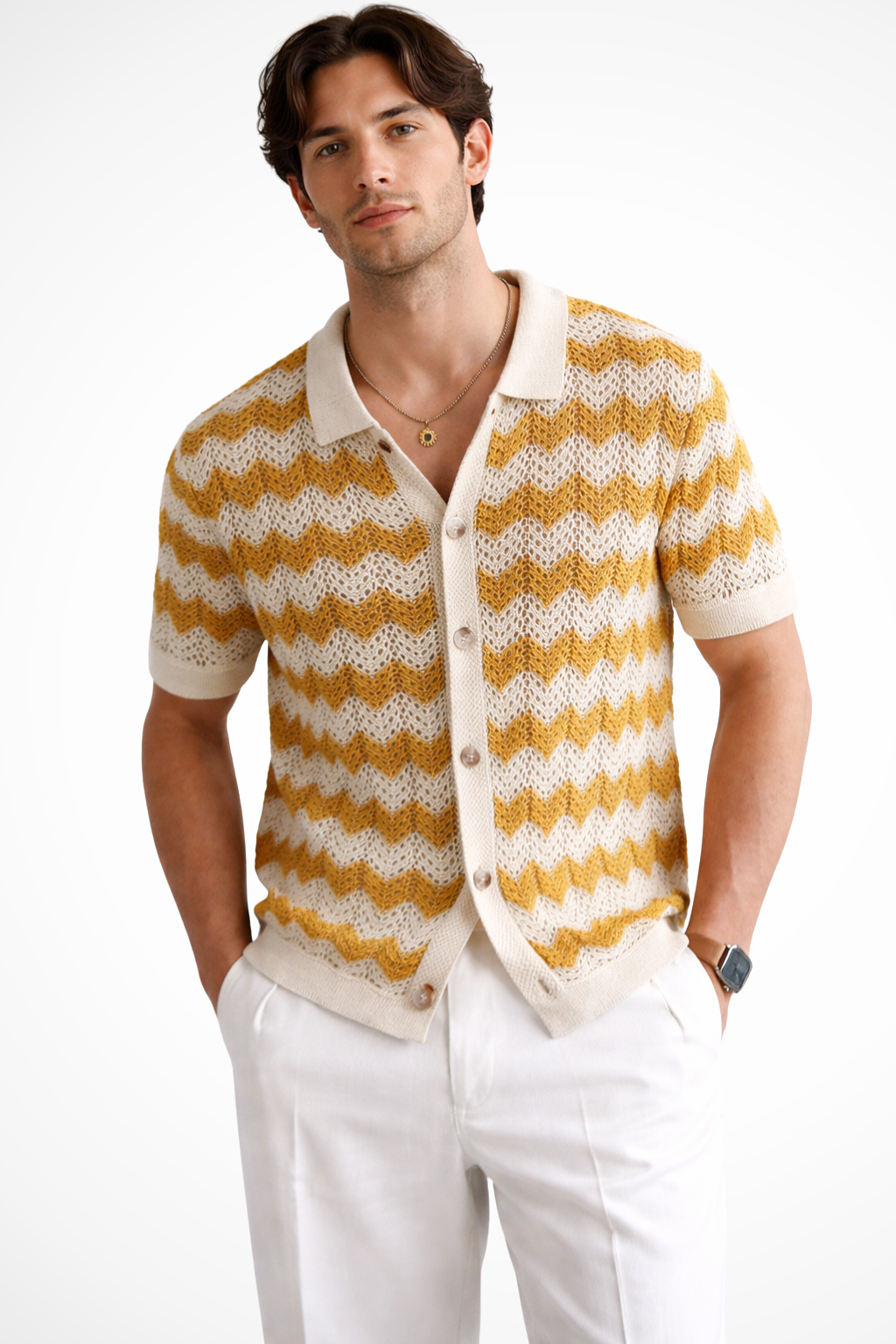 Summer-ready men's polo shirt with a unique zigzag pattern, short sleeves, and a button-up design.