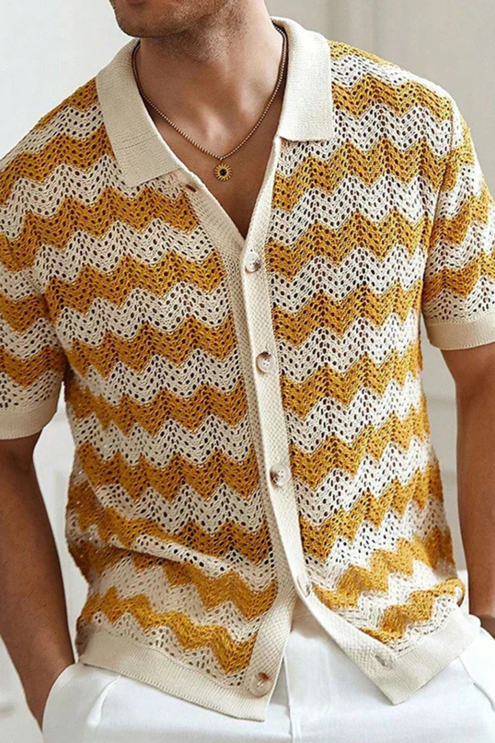 Modern men's short sleeve polo shirt featuring a bold zigzag pattern and convenient button-front closure.