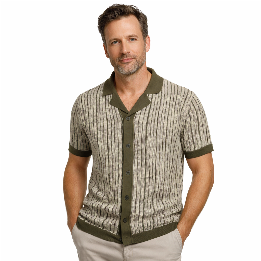 Men's short sleeve polo shirt with classic vertical stripes and button placket, perfect for summer casual wear.