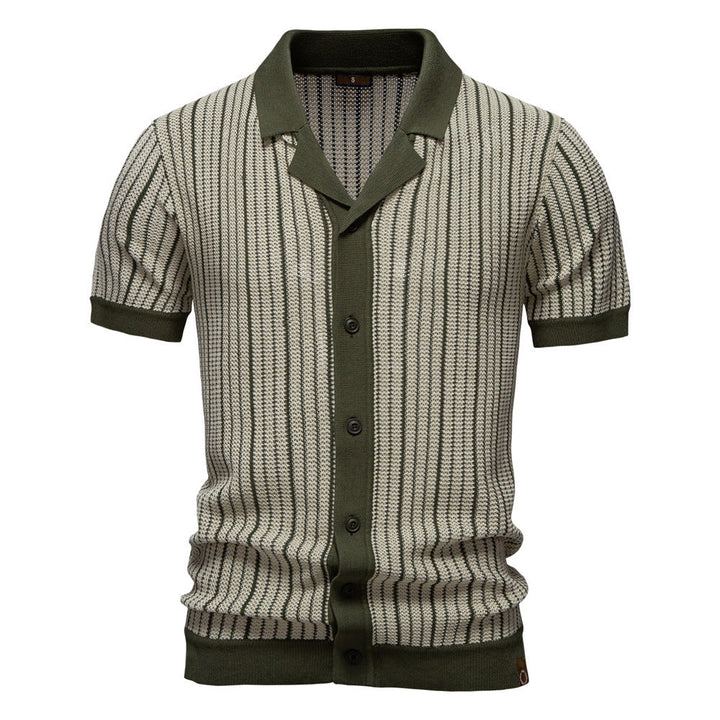Stylish men's vertical stripe polo shirt with short sleeves and buttons; a versatile top for casual summer fashion.