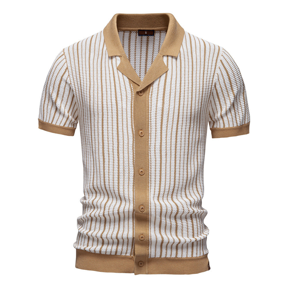 Casual men's short sleeve striped polo featuring a vertical pattern and button-up design, ideal for everyday wear.