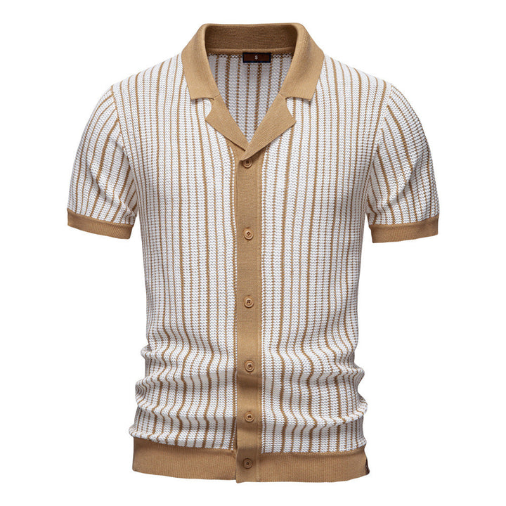Casual men's short sleeve striped polo featuring a vertical pattern and button-up design, ideal for everyday wear.