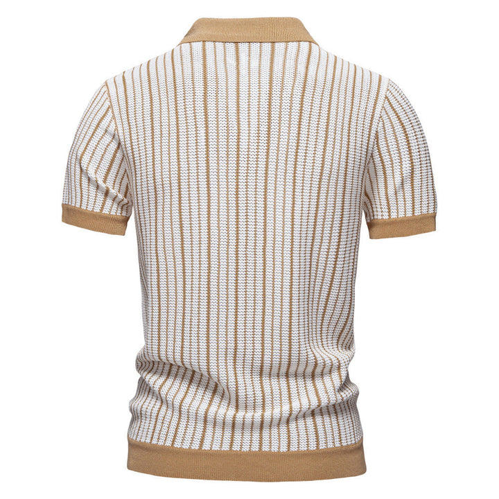 Fashionable men's top: short sleeve polo shirt displaying a crisp vertical stripe pattern and functional buttons.