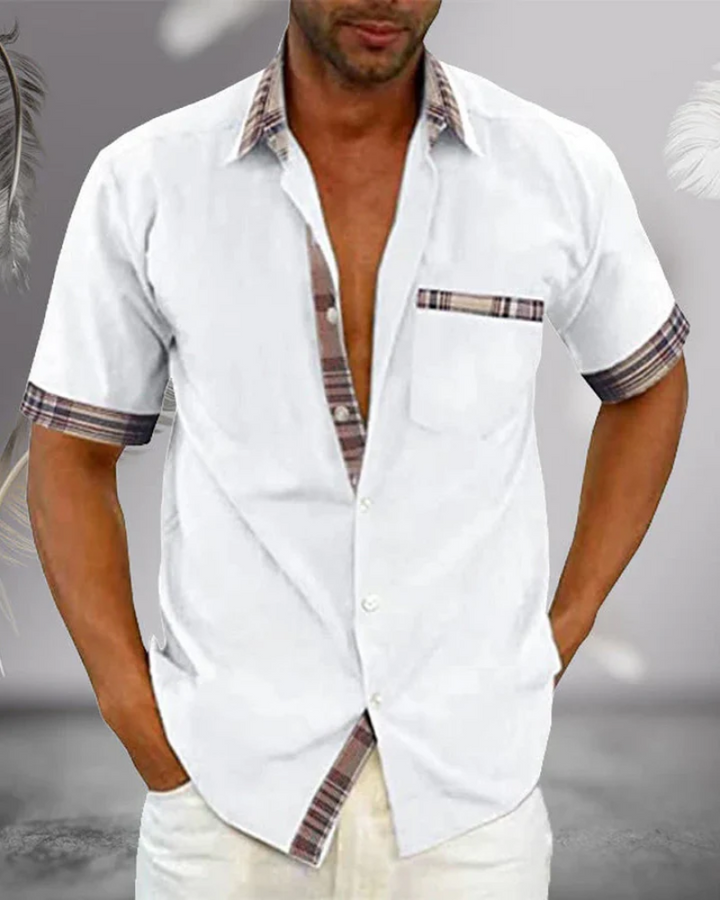 Men's short sleeve stand collar casual shirt for summer comfort and everyday wear.