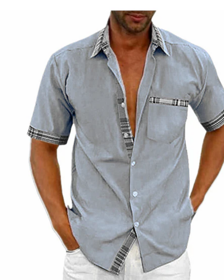 Men's short sleeve stand collar casual shirt for stylish everyday comfort and breathability.