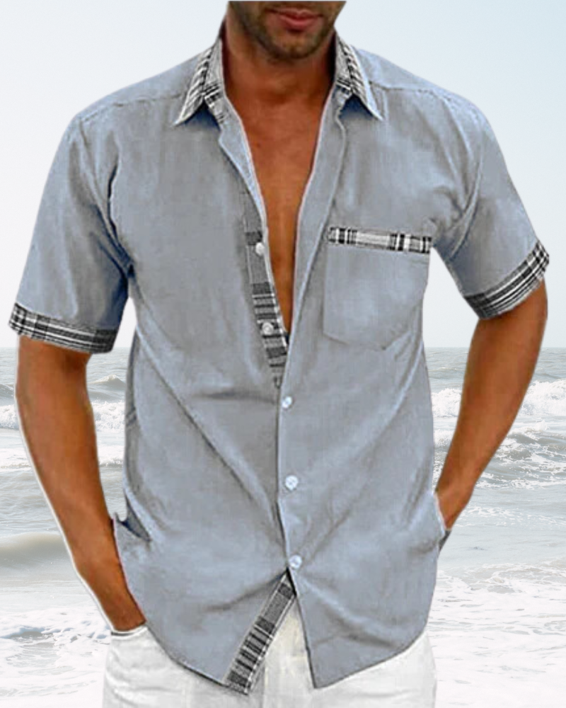 Versatile men's short sleeve stand collar shirt, ideal for casual and smart casual outfits.