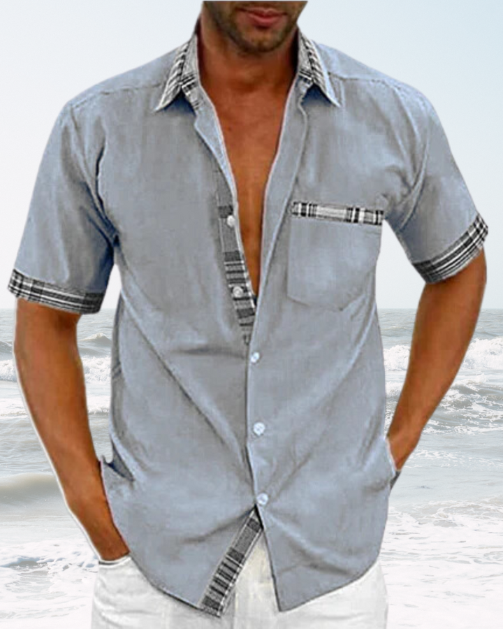Versatile men's short sleeve stand collar shirt, ideal for casual and smart casual outfits.