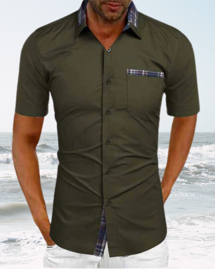 Men's stand collar short sleeve shirt, a stylish and relaxed fit for modern summer fashion.