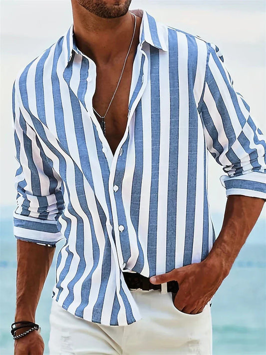 Men's short sleeve striped button down shirt, perfect for casual summer beach wear