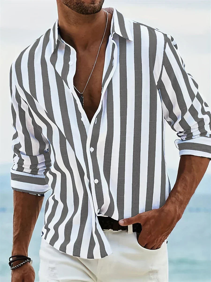 Lightweight men's casual striped button down shirt for warm weather and summer fashion
