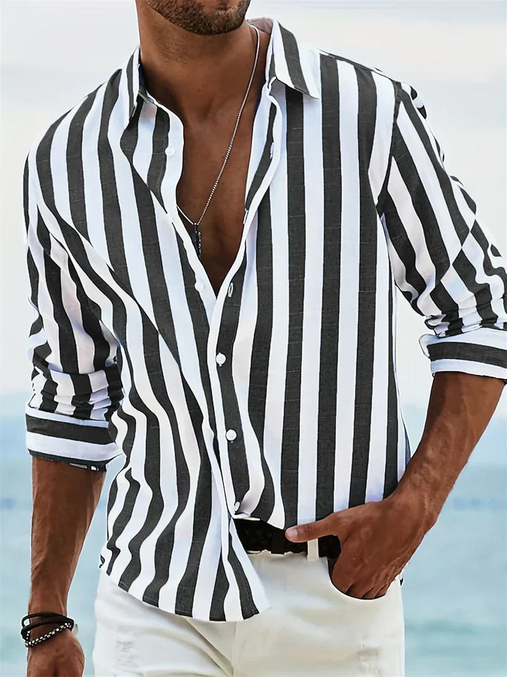 Striped short sleeve button down shirt for men, great for casual outings and beachwear
