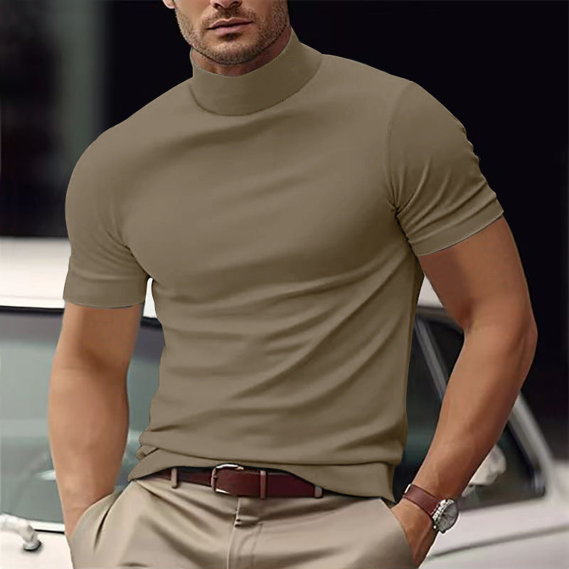 Slim fit men's short sleeve turtleneck t-shirt, versatile for modern casual wear.
