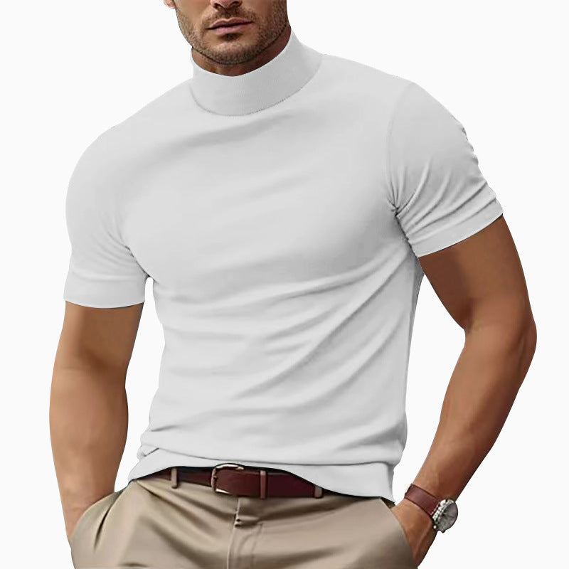 Modern men's short sleeve turtleneck t-shirt, a slim fit top for versatile casual wear.