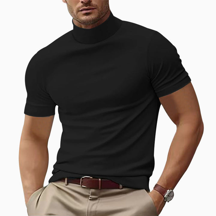 Everyday men's short sleeve turtleneck t-shirt, comfortable and stylish for modern casual outfits.