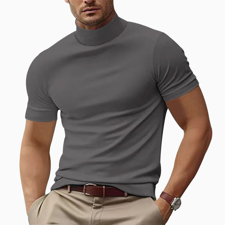 Short sleeve turtleneck t-shirt for men, featuring a slim fit and modern design for comfort.