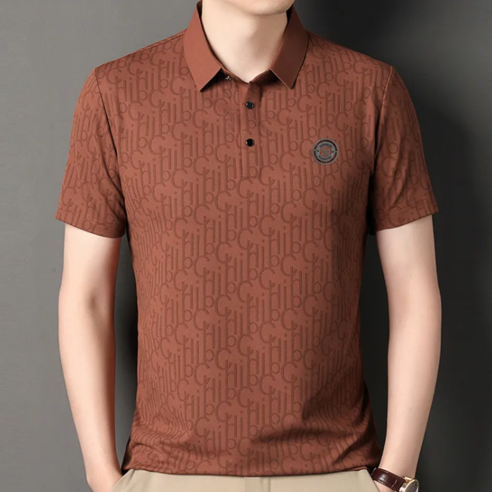 Men's dress shirt: short sleeve, vertical stripe, button-up. A comfortable and fashionable striped top.