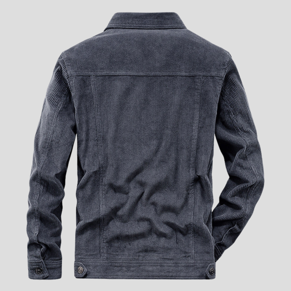 Close-up of men's sleek corduroy style jacket, showing texture & button detail. Great for transitional layering.