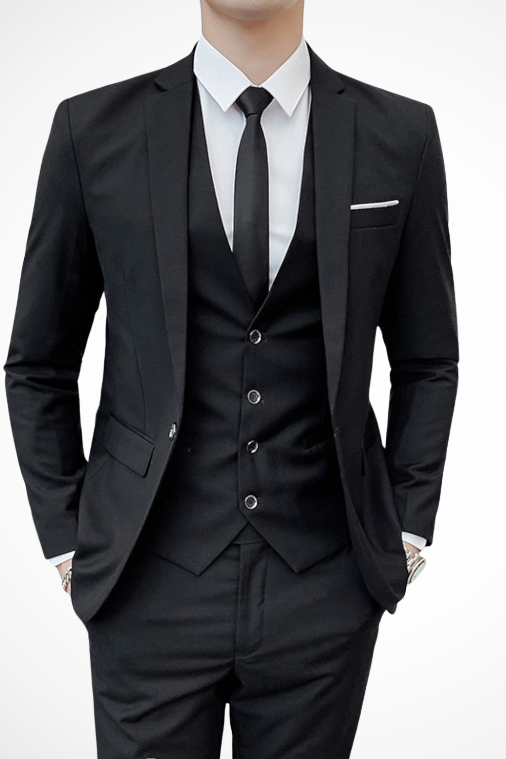 Modern classic men's slim fit 3 piece suit, notch lapel. Essential formal attire for a distinguished look.