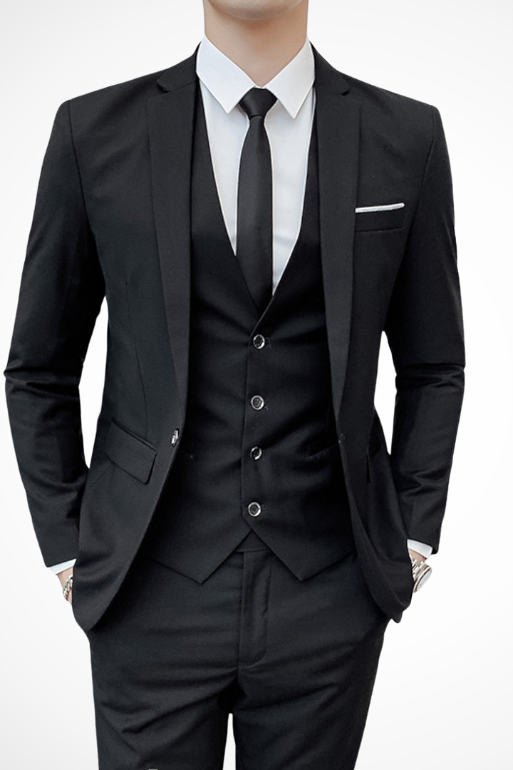 Modern classic men's slim fit 3 piece suit, notch lapel. Essential formal attire for a distinguished look.