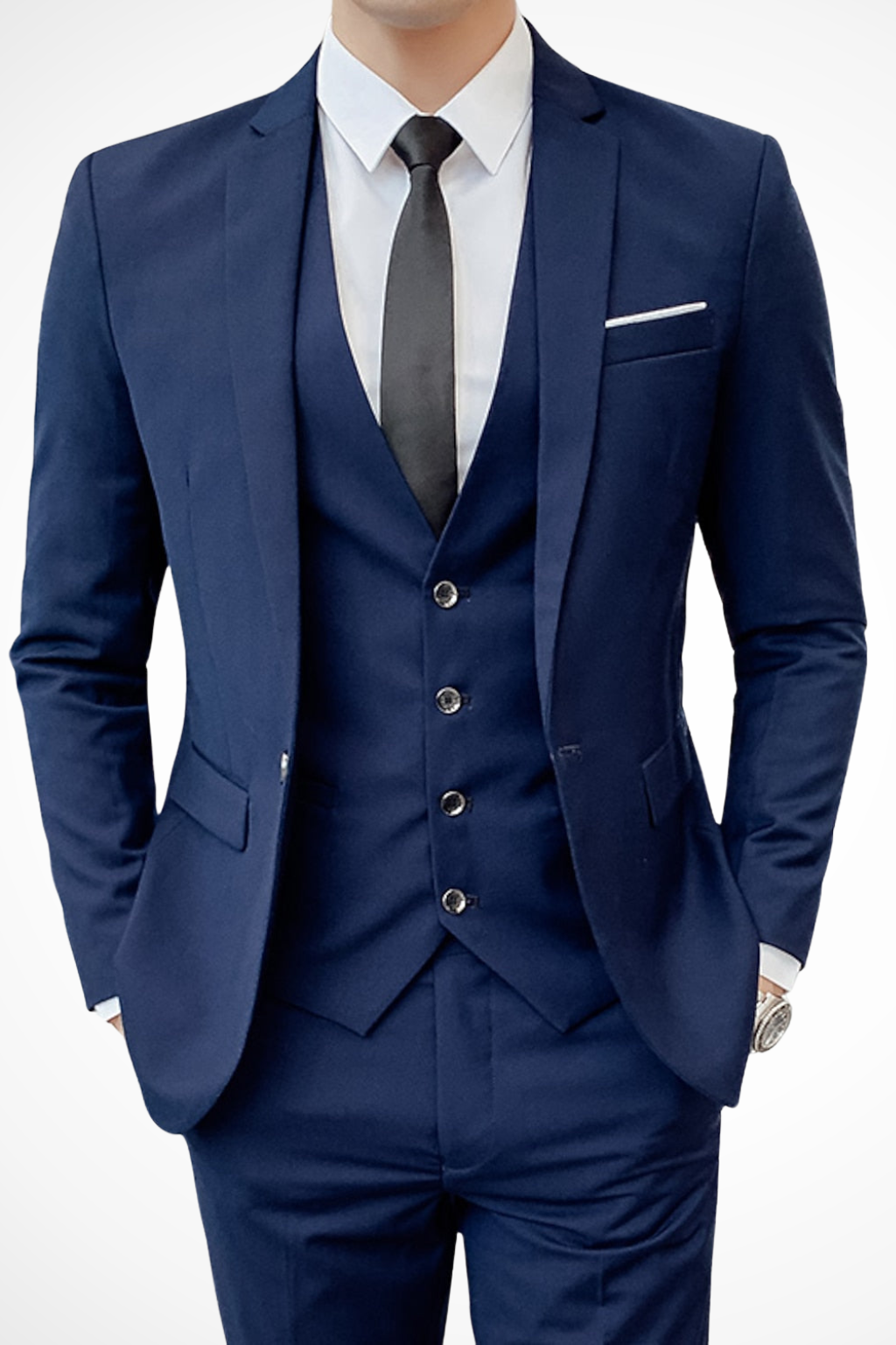 Elegant men's slim fit 3 piece suit with notch lapel, ideal formal wear for wedding guests or groomsmen.