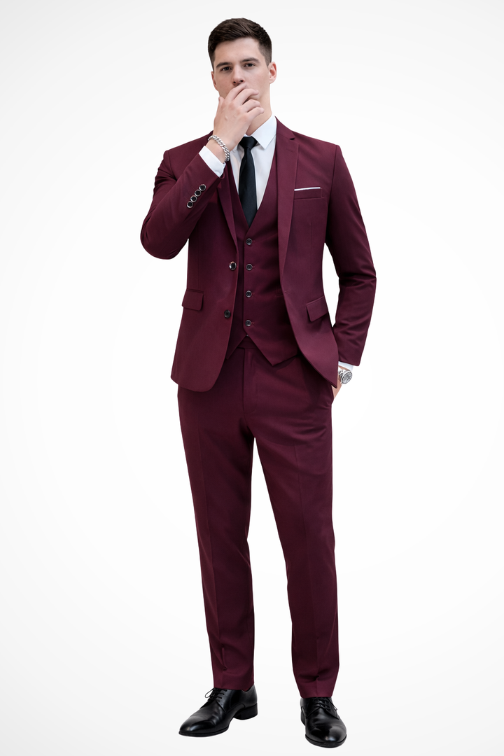 Tailored men's slim fit 3 piece suit, modern notch lapel design, perfect for a sharp, formal look.