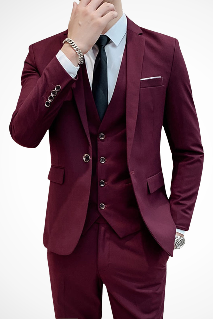 Sophisticated men's 3 piece slim fit suit with notch lapel, professional business attire for modern men.