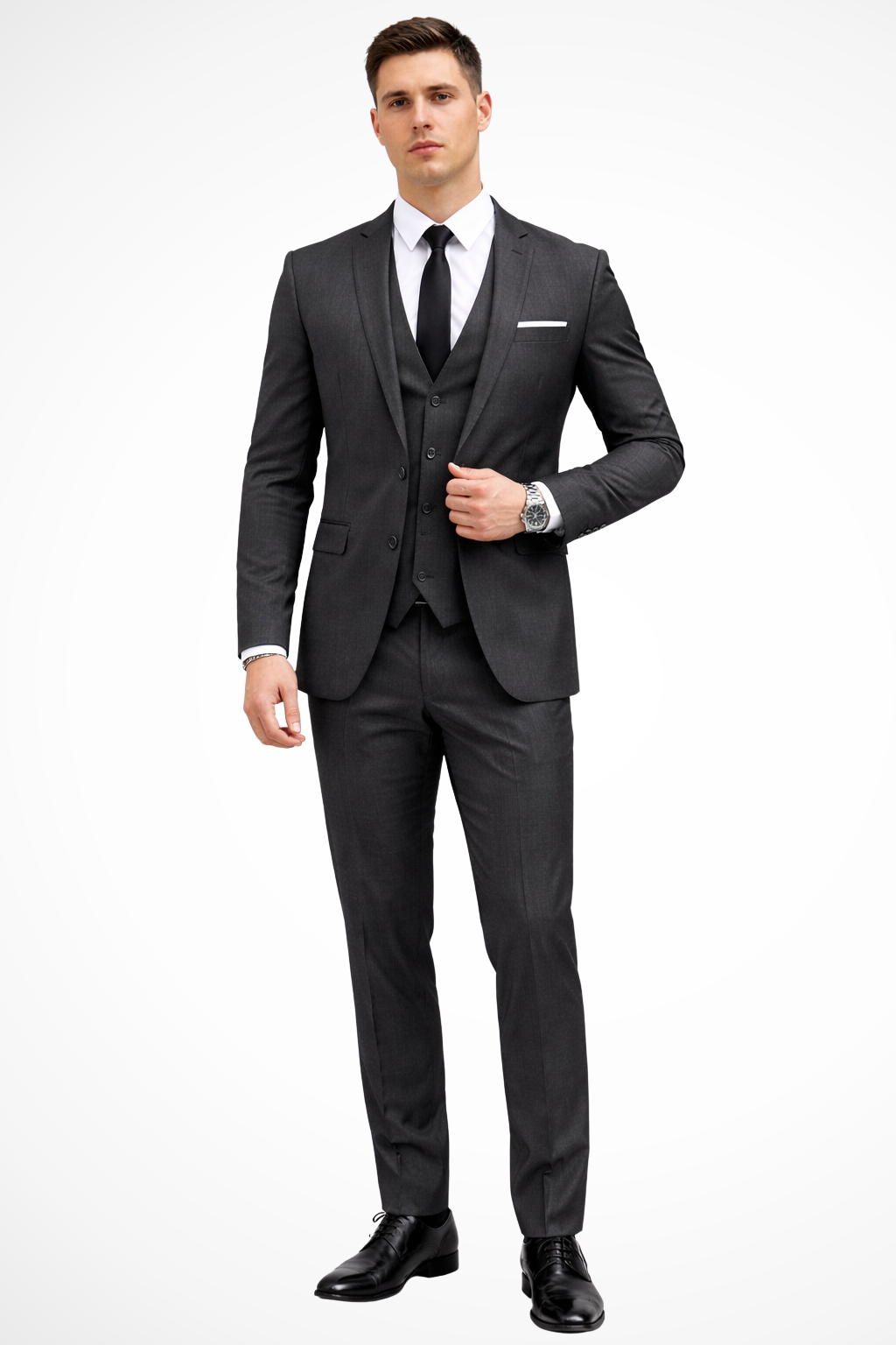 Premium men's slim fit 3 piece suit, notch lapel. Dapper formal wear for special occasions & events.
