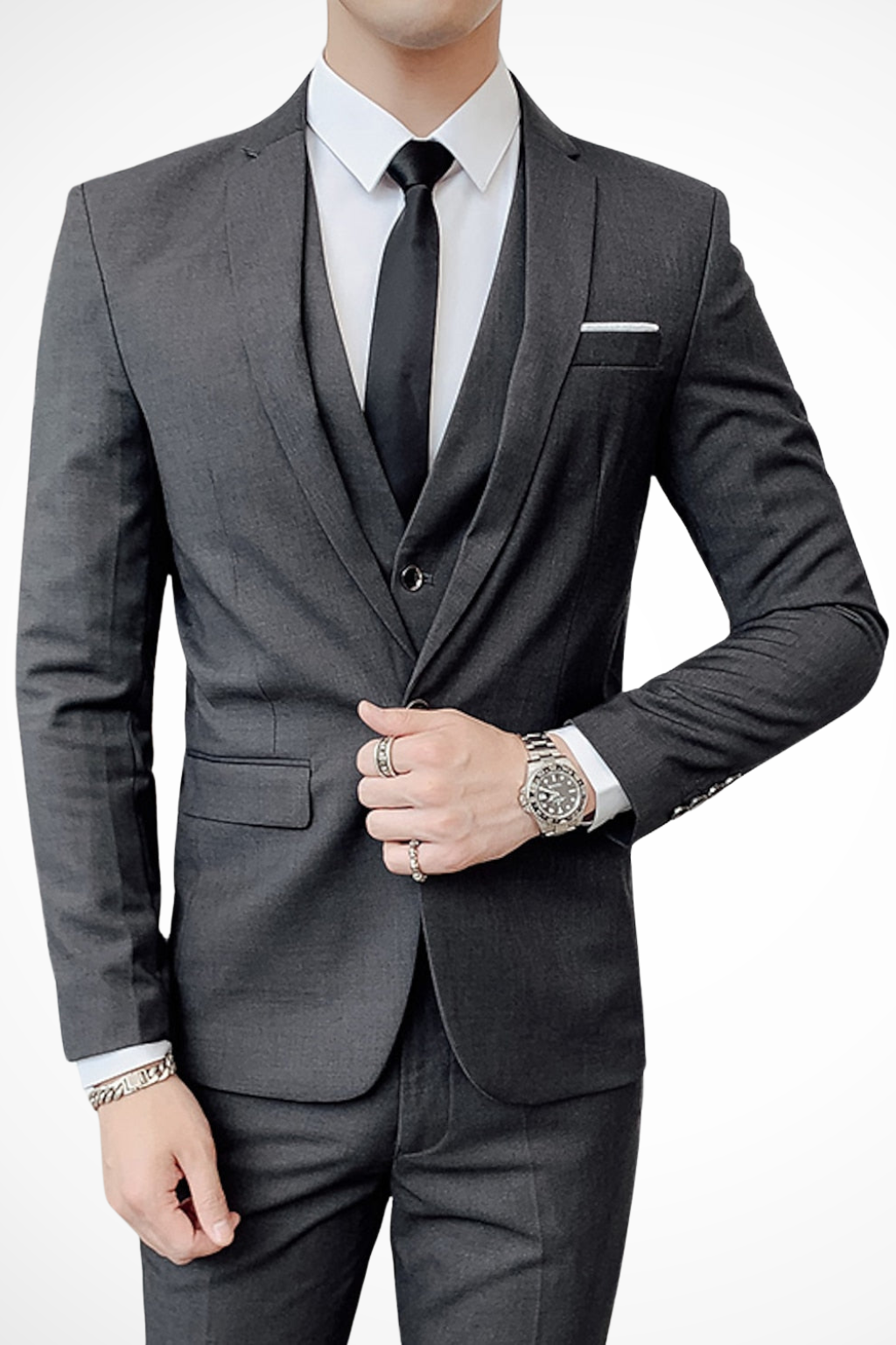 Stylish men's slim fit suit featuring a classic notch lapel, a perfect 3 piece formal wear choice.