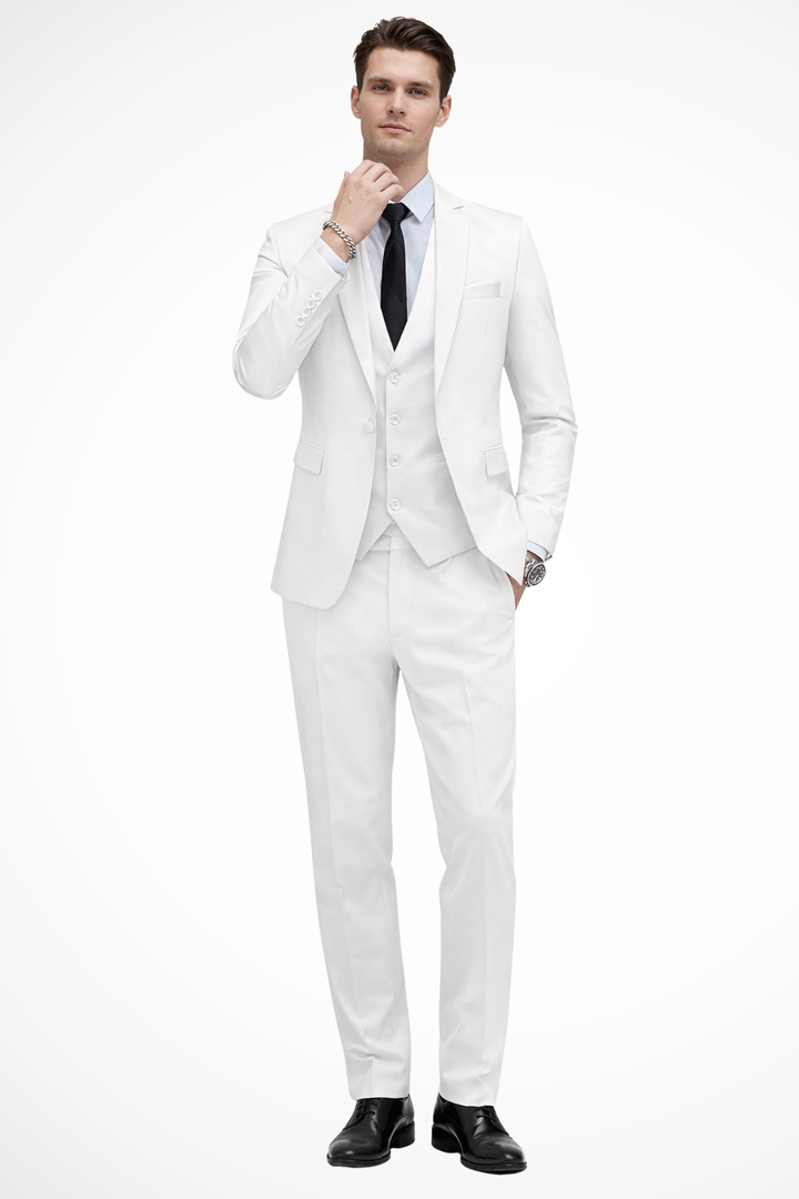 Versatile men's slim fit 3 piece suit with notch lapel, suitable for formal wear, weddings, or business.
