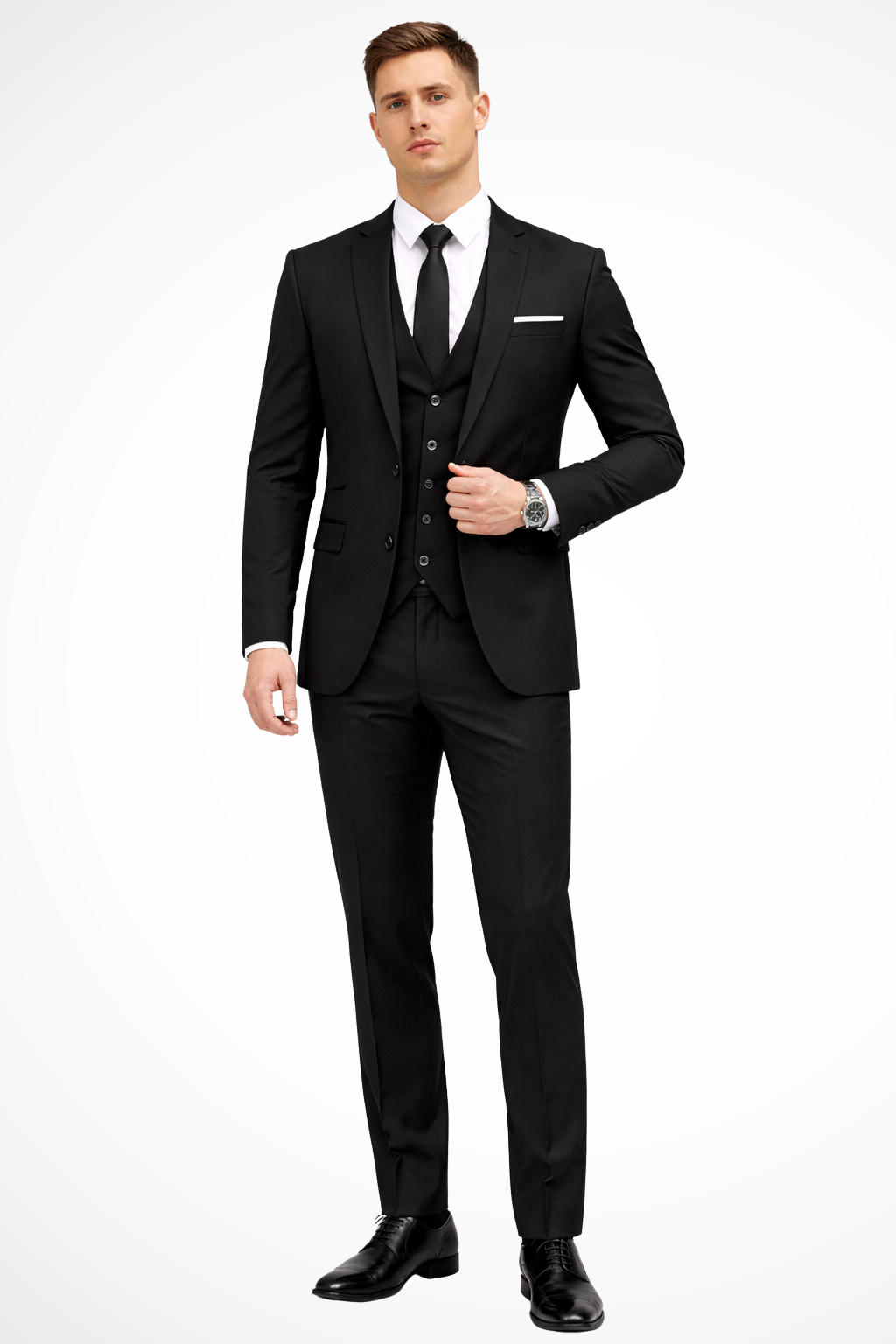 Complete men's 3 piece slim fit suit with vest and notch lapel, elegant formal wear for any event.
