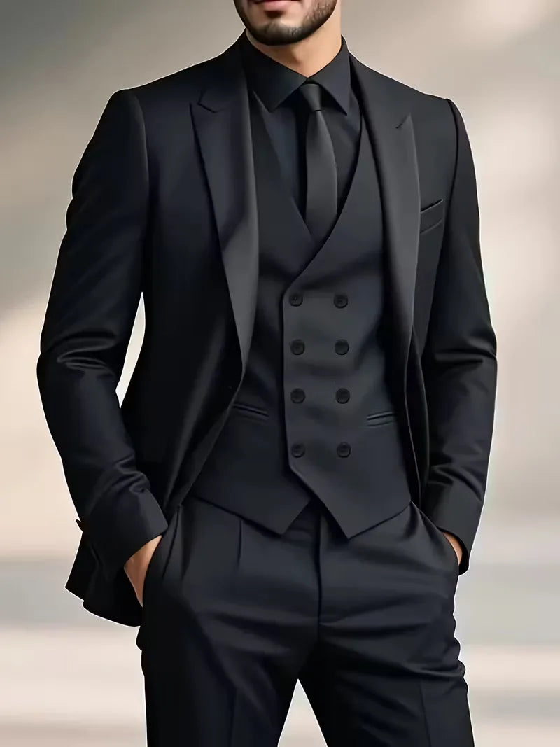 Men's slim fit 3-piece suit set with double-breasted waistcoat, ideal for formal occasions & weddings.