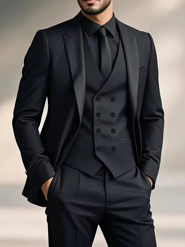 Men's slim fit 3-piece suit set with double-breasted waistcoat, ideal for formal occasions & weddings.