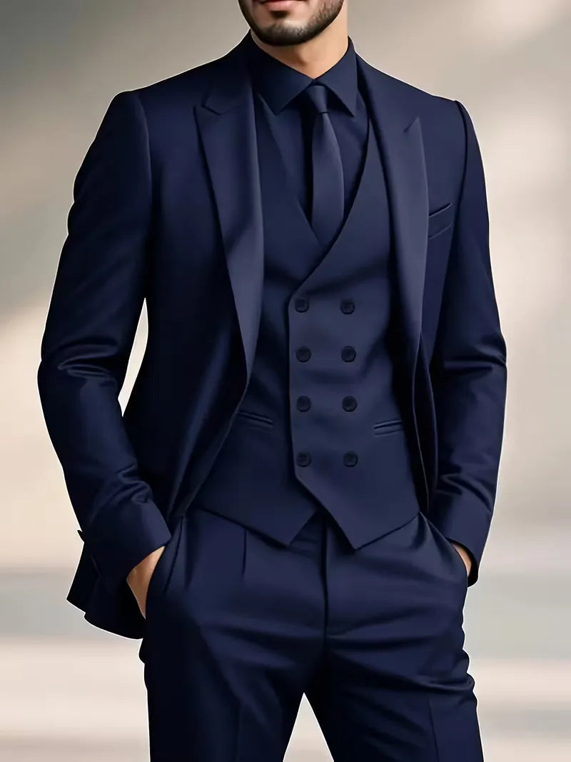 Sophisticated men's slim fit formal suit, with a distinguishing double-breasted waistcoat.