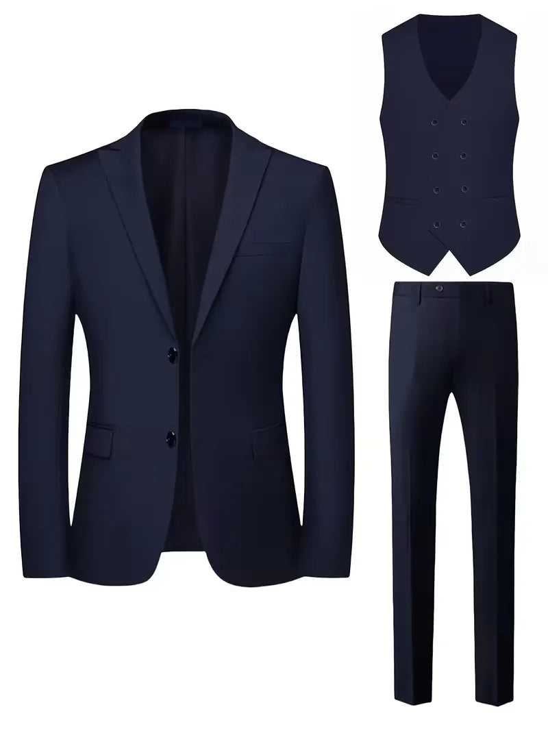 A dapper men's slim fit suit set, featuring a double-breasted waistcoat and sharp lines.