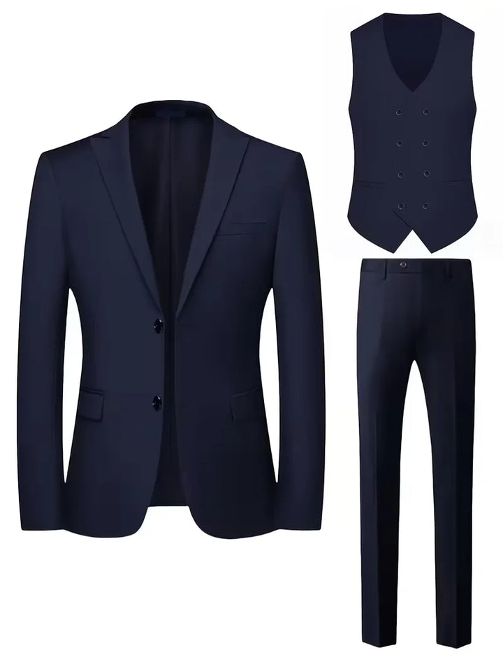 A dapper men's slim fit suit set, featuring a double-breasted waistcoat and sharp lines.