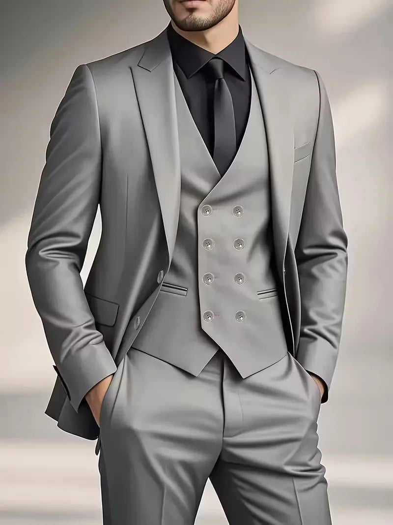 Men's complete formal suit set, slim fit jacket, pants & double-breasted waistcoat.