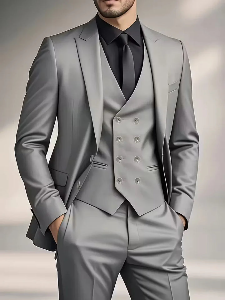 Men's complete formal suit set, slim fit jacket, pants & double-breasted waistcoat.