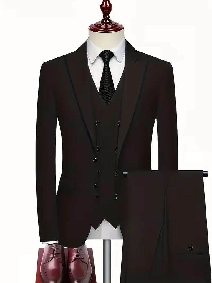 Stylish men's slim fit suit set; jacket, trousers & double-breasted waistcoat for business & events.