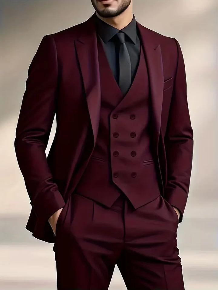 Versatile men's slim fit suit with double-breasted waistcoat, suitable for diverse formal needs.
