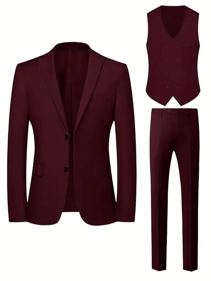 Men's business formal slim fit suit, a complete 3-piece set including a double-breasted vest.