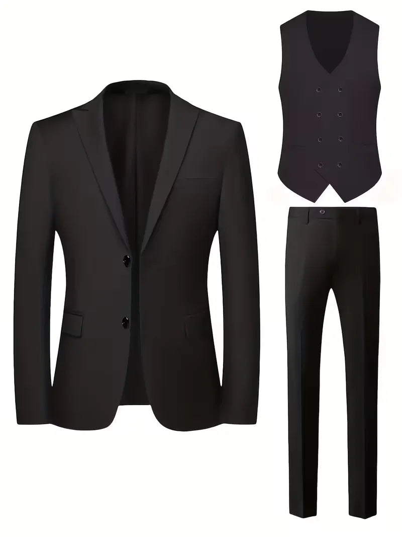 Elegant men's three-piece suit, slim fit design with double-breasted vest, perfect formal wear.