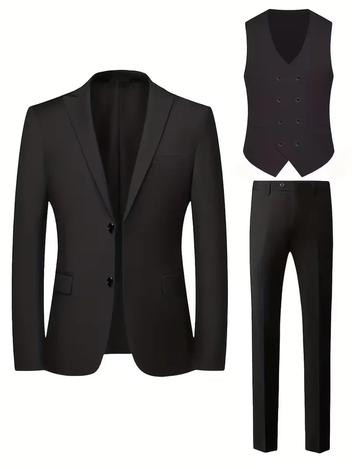Elegant men's three-piece suit, slim fit design with double-breasted vest, perfect formal wear.